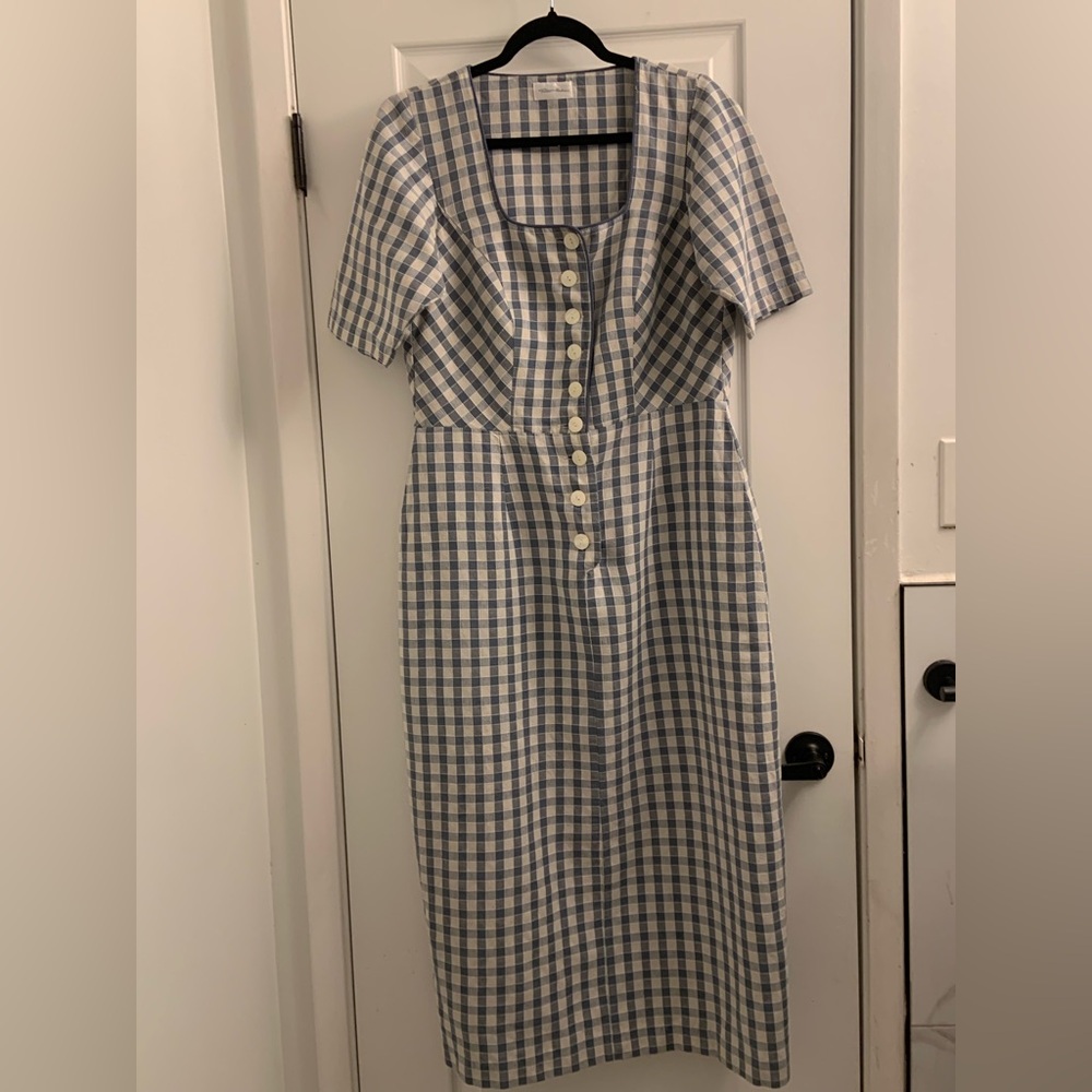 Eileen Fisher Navy and White Plaid Maxi  Dress